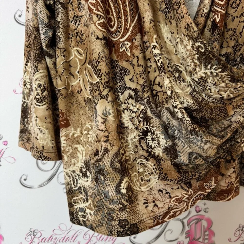 Laura long sleeve scoop neck paisley boho Elegant Brown Patterned Women's Top - Picture 3 of 5